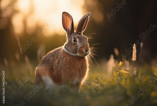 a brown rabbit is sitting in the grass in a yonder landscape, generative AI