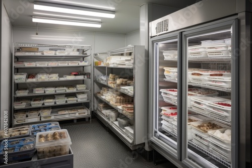 walk-in freezer filled with various frozen foods and ingredients, created with generative ai
