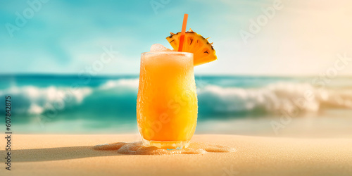 Glass with classic mimosa cocktail with pineapple on the sand beach over wavy sea water and sunset sky. Summer vacation concept background. Created with generative Ai