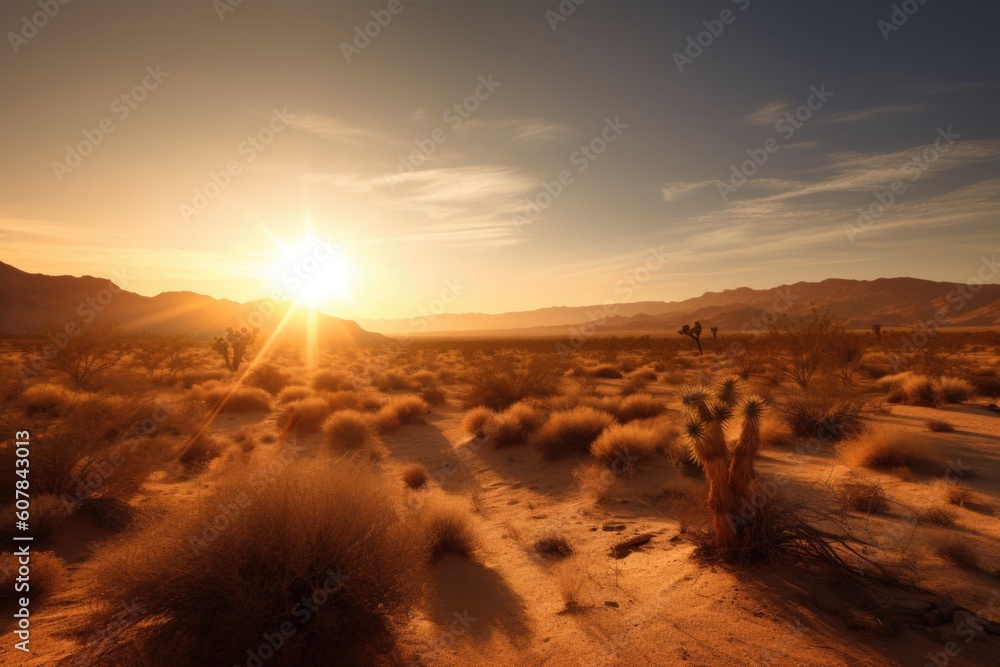 desert sunrise, with the sun peeking over the horizon and casting its warm light over the landscape, created with generative ai