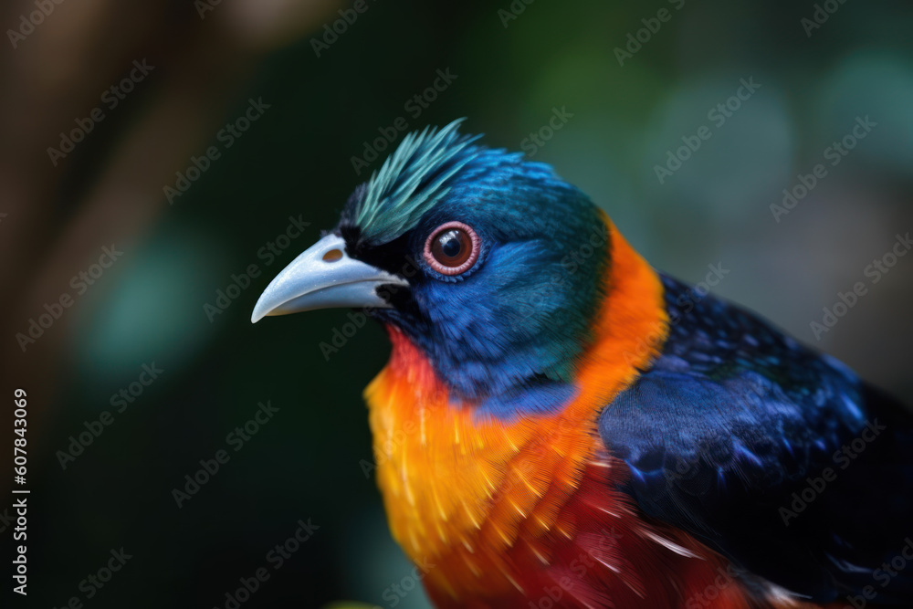 Obraz premium Close up colorful exotic bird. Forest landscape blured background. AI