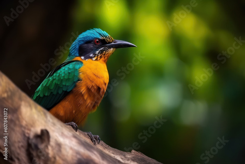 Close up colorful exotic bird. Forest landscape blured background. AI