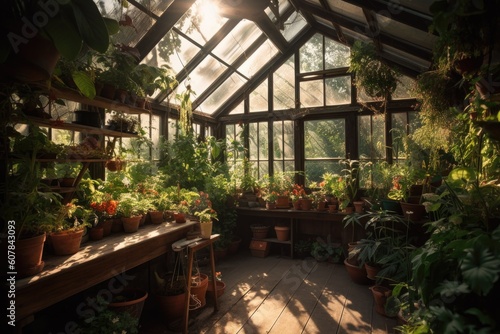 a greenhouse with sunbeams streaming through the glass, illuminating the plants and flowers within, created with generative ai