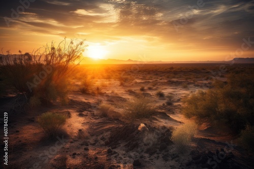 Photo arid landscape with dramatic sunrise, showcasing the beauty of this harsh enviro