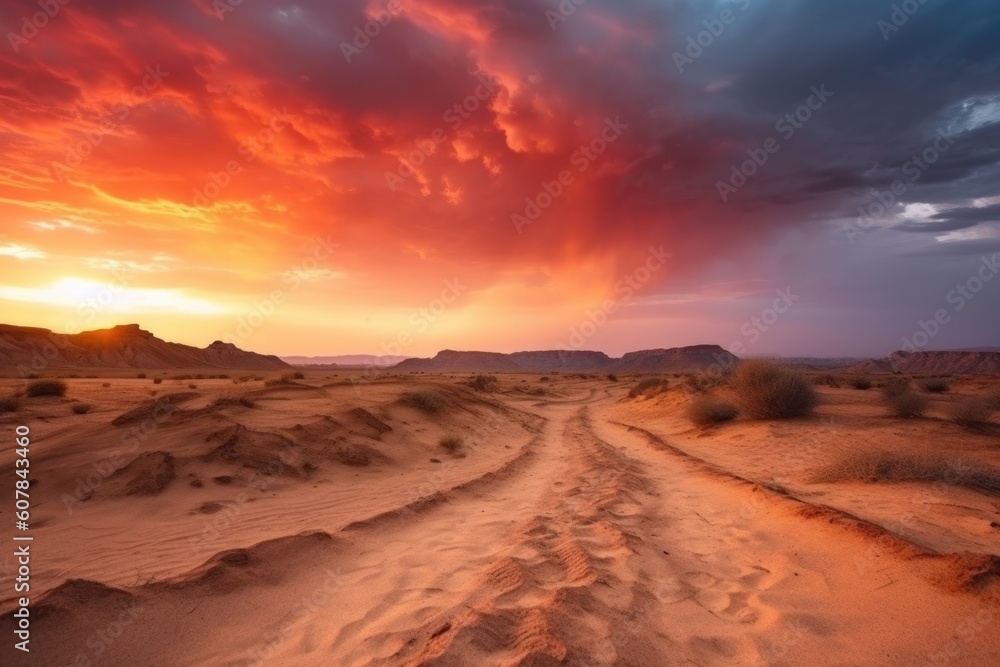 desert with dramatic sunset, the sky ablaze with stunning colors, created with generative ai