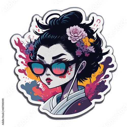 illustration of female geisha in the form of a sticker