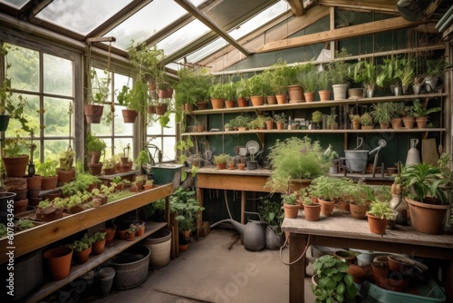 greenhouse with shelves of plants and tools for gardening, created with generative ai