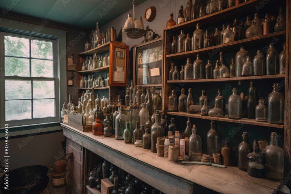 room filled with unique items, including repurposed bottles and jars for storage, created with generative ai