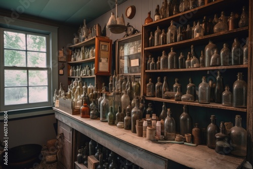 room filled with unique items, including repurposed bottles and jars for storage, created with generative ai