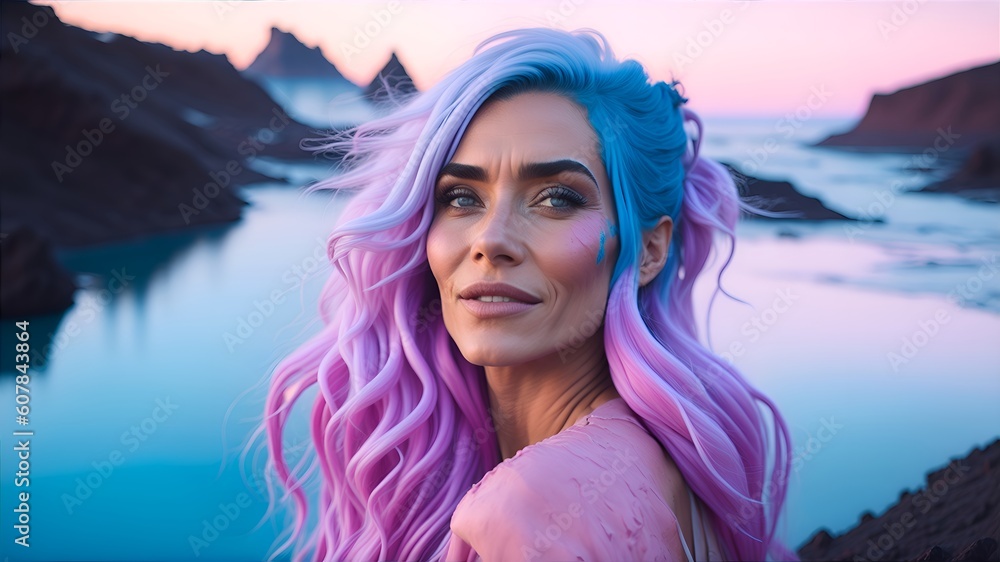 Enchanting Beauty Portrait Smiling American Girl with Pinkish Blue