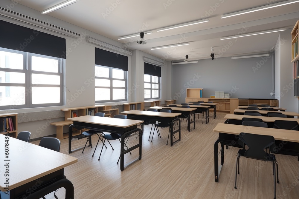 empty classroom with sleek and modern furniture for modern learning environment, created with generative ai