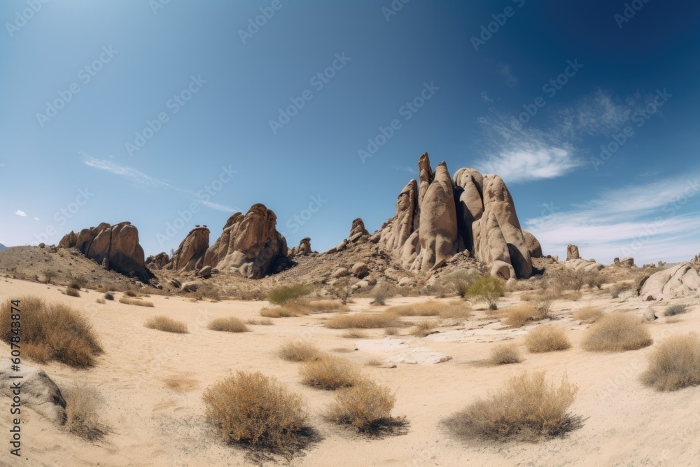 arid landscape with towering rock formations and clear blue skies, created with generative ai