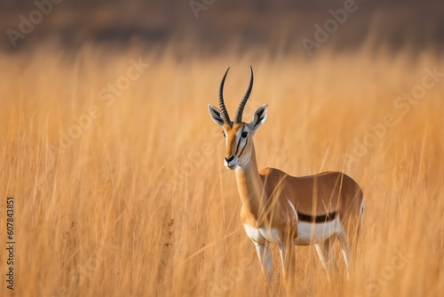 The springbok  medium-sized antelope  in tall yellow grass. Wild african animals  generative AI