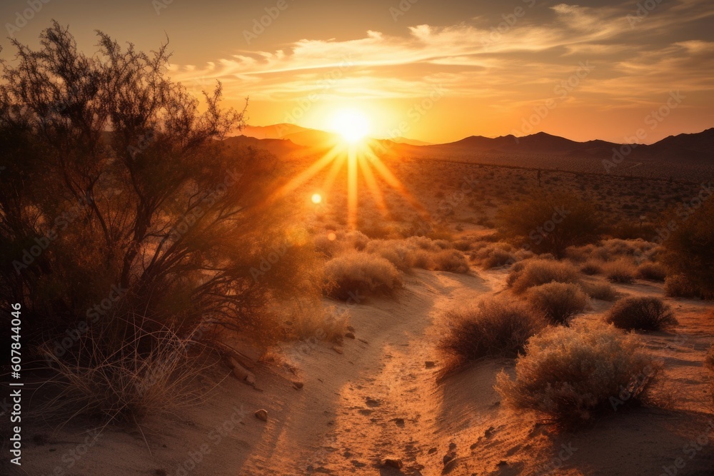 desert sunrise, with the sun peeking over the horizon, illuminating the sky and landscape, created with generative ai