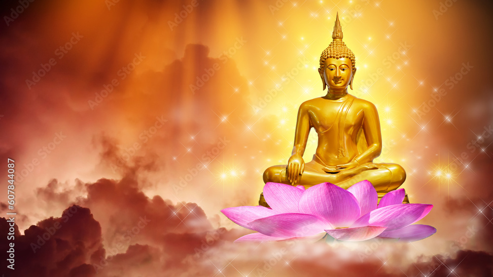 Buddha statue water lotus Buddha standing on lotus flower on orange background