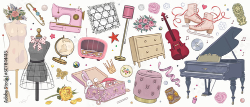 Set of hand drawn retro object isolated on background. Vector illustration of furniture, radio, piano, violin, sewing machine, ice skate shoes