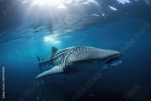 enormous whale shark swimming through tropical reef  created with generative ai