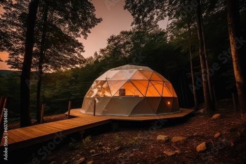 Geo dome camp in the forest. Glamping. luxury glamorous camping. life in nature. AI
