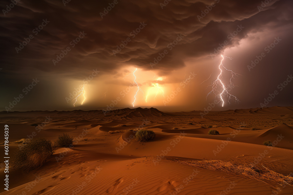 Dramatic sand storm in desert, thunderstorm, lightning. AI