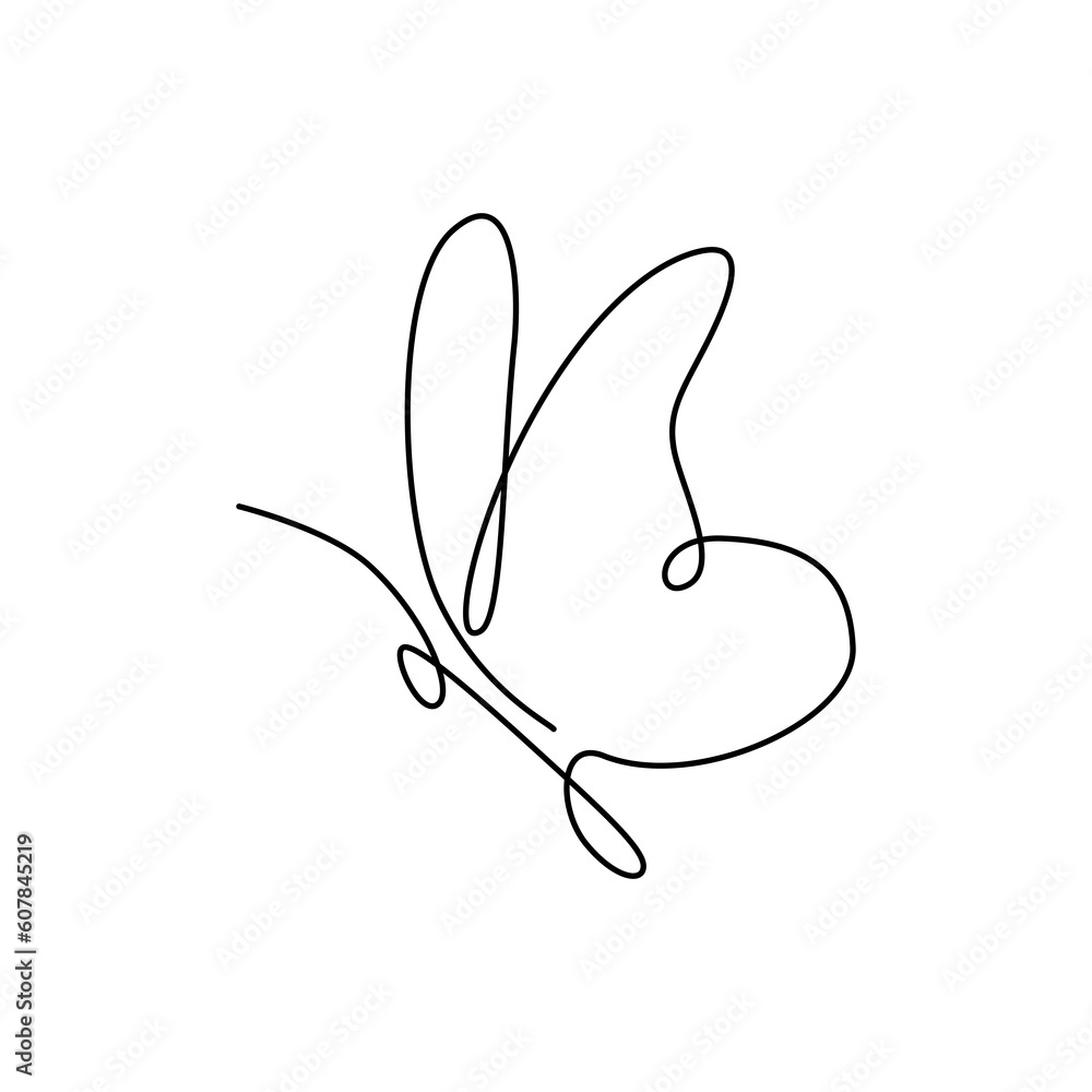 Continuous one line drawing. One line art. Beautiful butterfly, insect. Side view. Abstract continuous line. Continuous one line drawing. One line art. Beautiful butterfly, insect. Side view. Abstract continuous line.