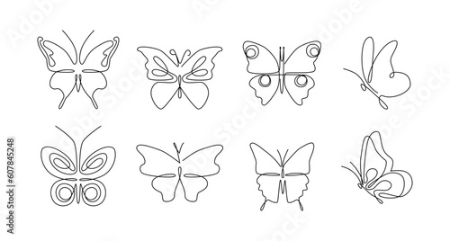 Continuous one line drawing. One line art. Set of beautiful butterflies. Abstract continuous line.