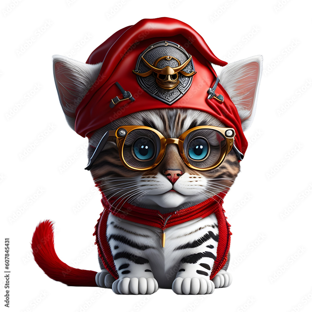 Fototapeta premium cute and adorable charming smiling pirate cat 1 transparent clipart wearing glasses, pirate hat and red turban, 3d cartoon character.
