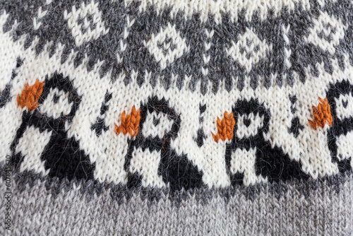 Obraz na płótnie Icelandic Puffins knitted pattern close up, traditional Nordic lopapeysa sweater