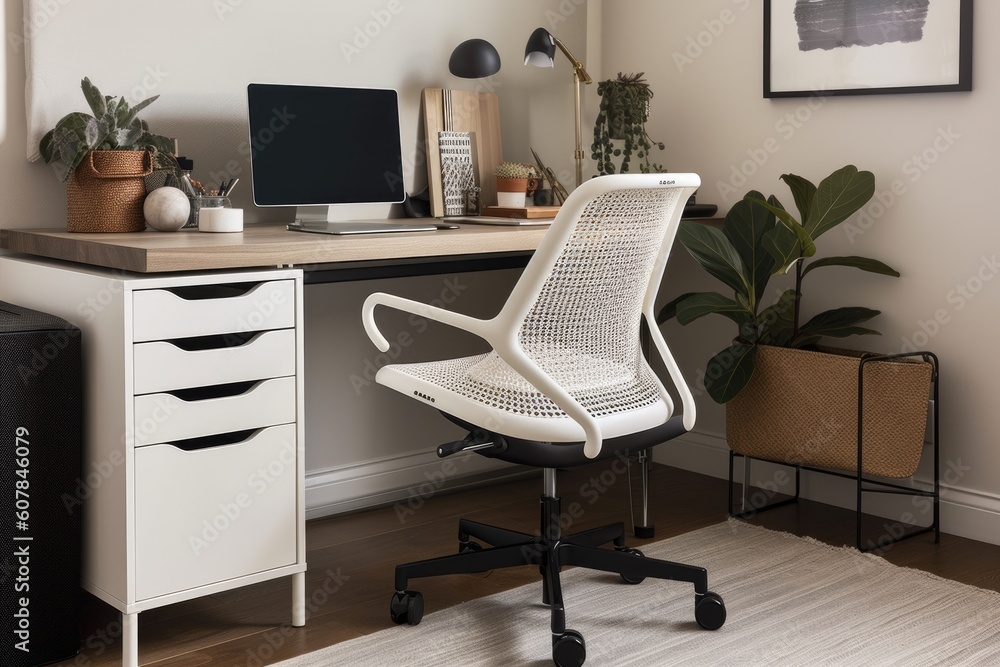 organized home office with sleek desk, ergonomic chair, and tidy filing cabinet, created with generative ai