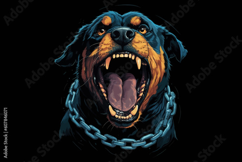 Rottweiler with sharp teeth and open mouth, thick chain around the neck. Generative AI