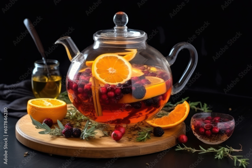 Citrus and berry tea with berries, lemon, oranges and thyme in a glass teapot on table. Fruit tea. Seasonal winter autumn hot drink. AI Citrus and berry tea with berries, lemon, oranges and thyme in a glass teapot on table. Fruit tea. Seasonal winter autumn hot drink. AI