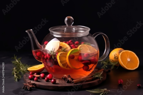 Citrus and berry tea with berries, lemon, oranges and thyme in a glass teapot on table. Fruit tea. Seasonal winter autumn hot drink. AI
