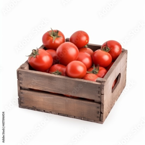 Fresh red tomatoes in antique box, Generative ai