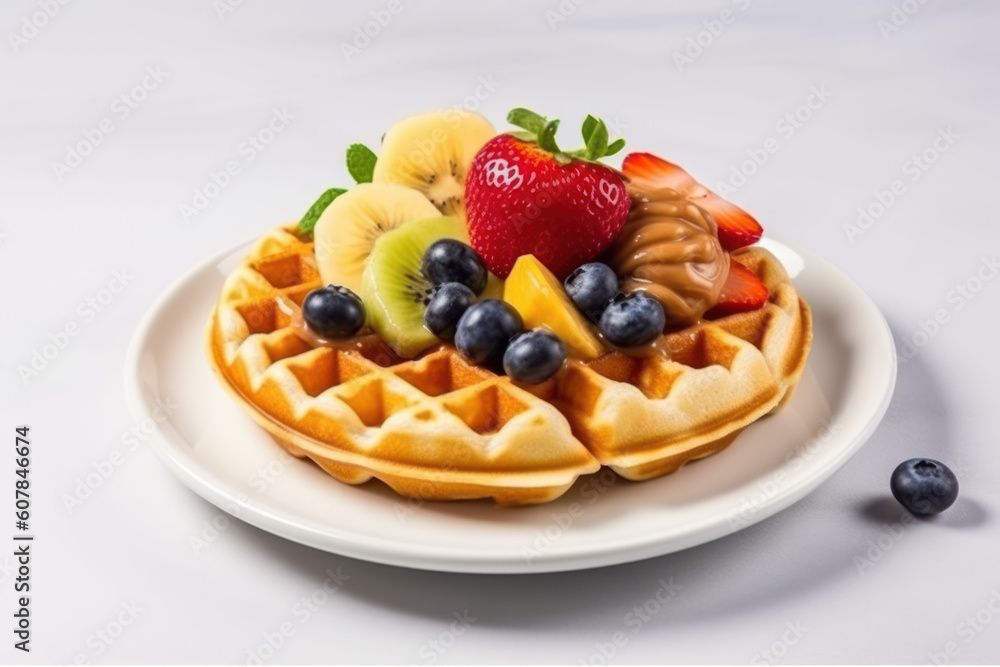 Traditional belgian waffles with fresh fruit and caramel on white background. AI Traditional belgian waffles with fresh fruit and caramel on white background. AI