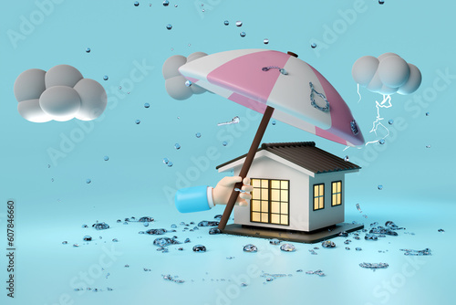 3d house with businessman hands holding umbrella, cloud, drop rain water, thunder isolated on blue background. protection and security concept, 3d render illustration