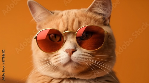 Fashion cat in sunglasses, peach color background. Generative AI