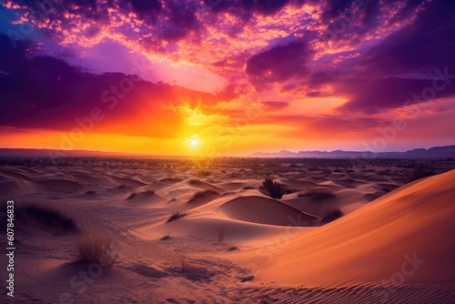 desert sunset, with golden sky and purple clouds, created with generative ai