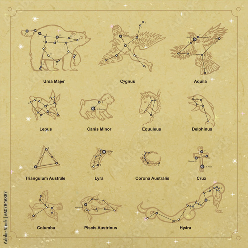 Vector constellation collection linocut style UrsaMajor Cygnus Aquila Lepus CanisMinor Equuleus Delphinus TriangulumAustrale Lyra Corona Australis Crux Columba PiscisAustrinus Hydra