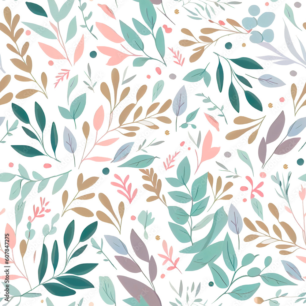 Seamless pattern of varicoloured leaves on a white background. Abstract illustration, design element. Generative AI.