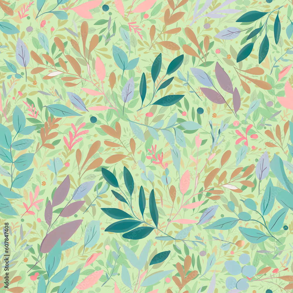 Seamless pattern of leaves on a light green background. Abstract illustration, design element. Generative AI. Seamless pattern of leaves on a light green background. Abstract illustration, design element. Generative AI.