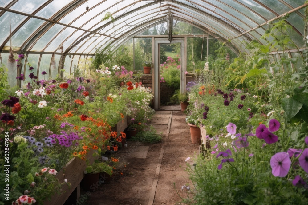 greenhouse surrounded by blooming flowers and herbs, created with generative ai