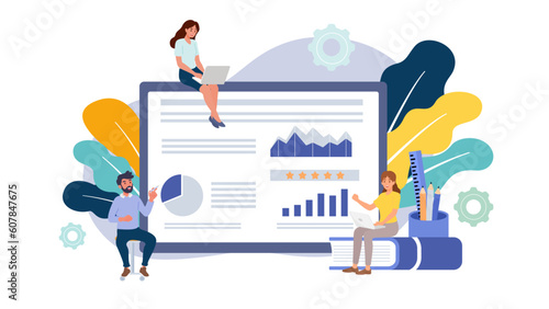 Business people. Diverse characters working as a teamwork. Business meeting and brainstorming with team for goal planning and data analytics to achieve financial strategy. Flat vector illustration.
