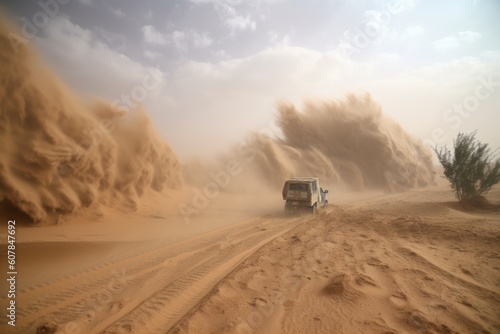 desert sandstorm, with dust and debris swirling in the air, created with generative ai