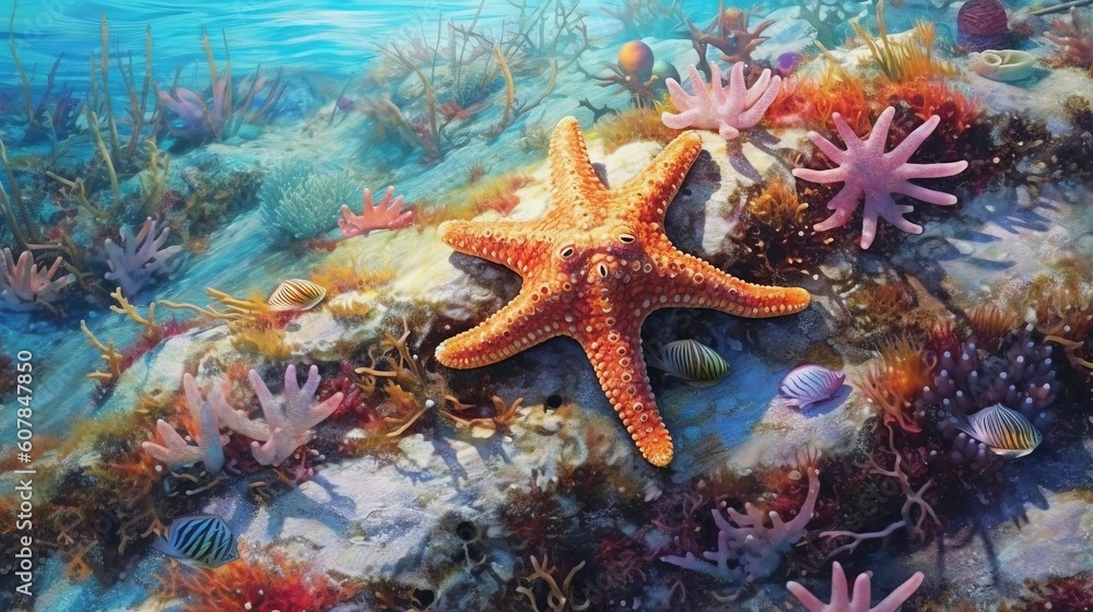 Illustration of a vibrant underwater ecosystem with a starfish and colourful corals created with Generative AI technology Illustration of a vibrant underwater ecosystem with a starfish and colourful corals created with Generative AI technology