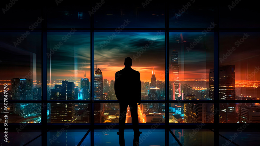 manager overlooks the cityscape from his high-rise office, business concept, Generative AI manager overlooks the cityscape from his high-rise office, business concept, Generative AI