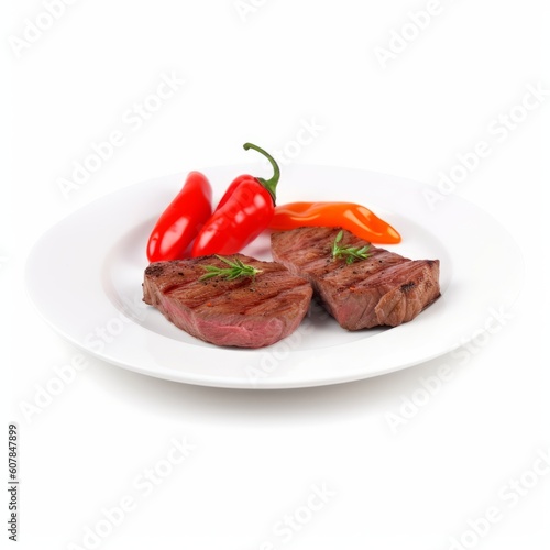 Grilled beef meat entrecote on white plates with peppers isolated on white background