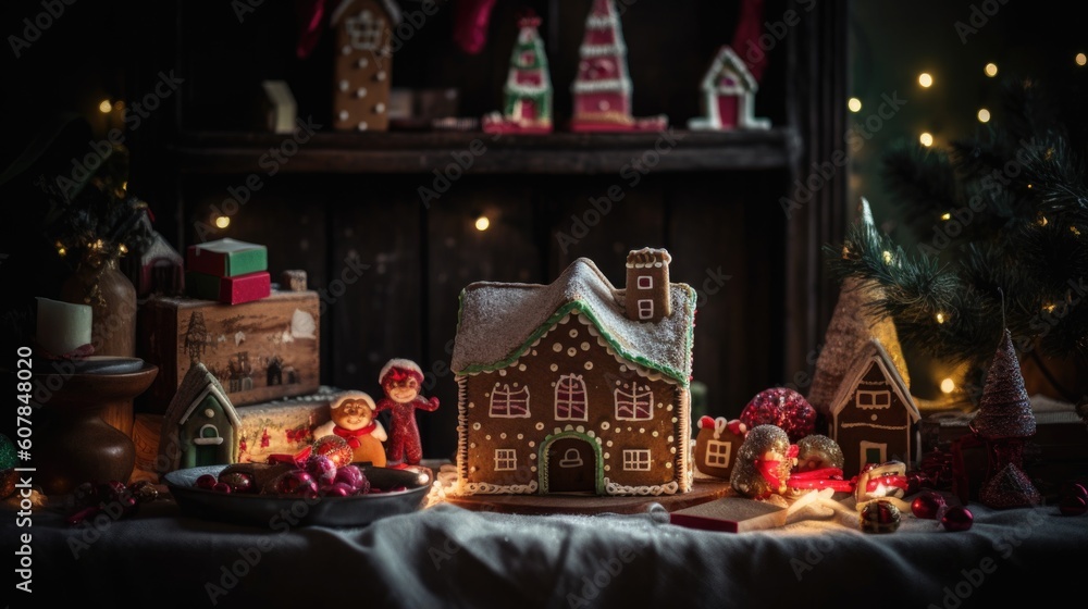 Christmas decorations for a tabletop with gingerbread houses and ornaments, Generative AI