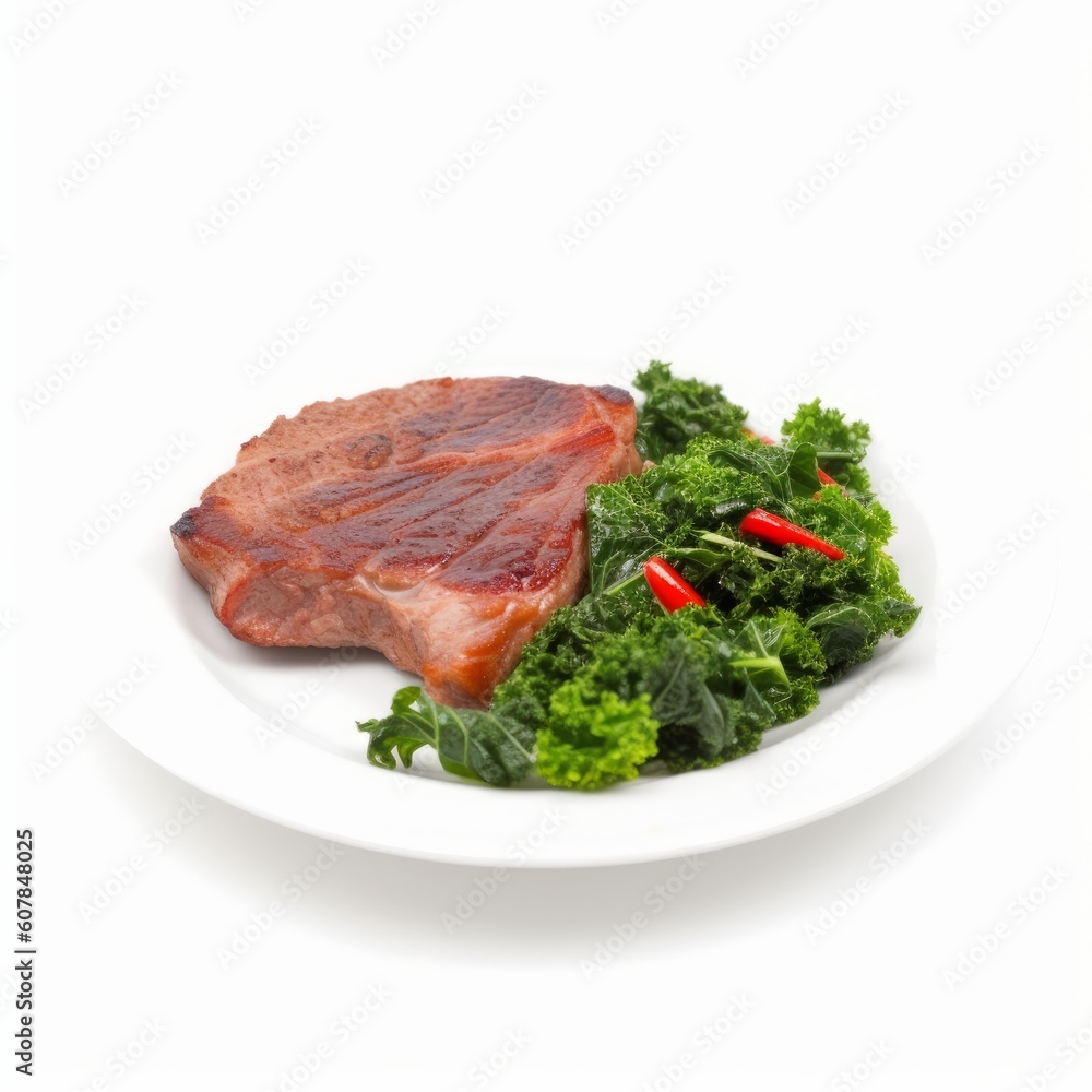Grilled beef steak meat with red hot pepper and fresh raw kale leaf served on white plate, Generative ai Grilled beef steak meat with red hot pepper and fresh raw kale leaf served on white plate, Generative ai