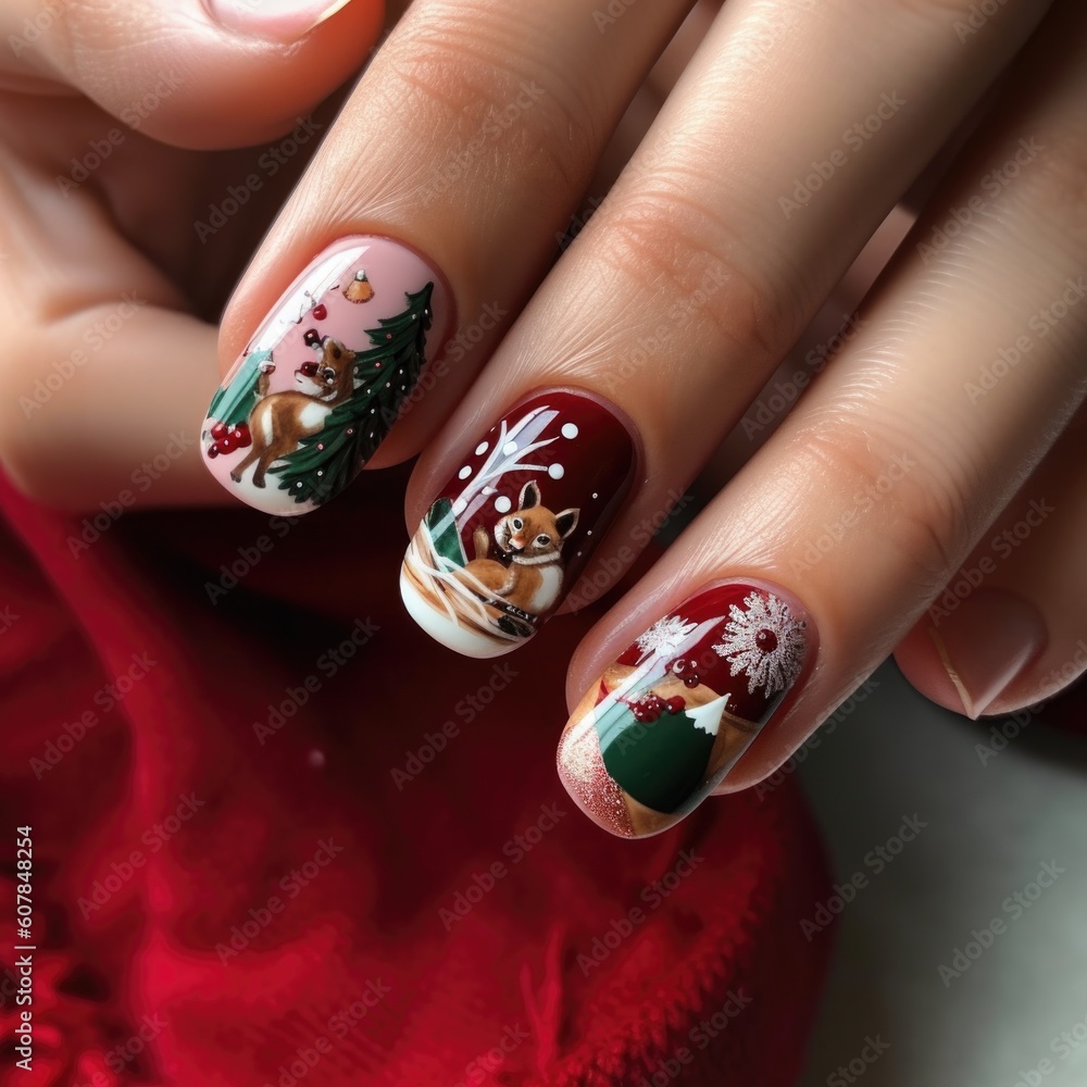 A woman has painted her nails with christmas decorations, Generative AI A woman has painted her nails with christmas decorations, Generative AI