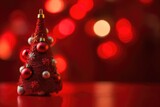 Red christmas tree on a table with bokeh background, Generative AI