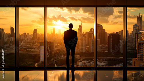 businessman is observing a city skyline from a high-rise office, business concept, Generative AI